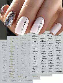 4pcs Letter Nail Art Stickers, Gold, Silver, Black, White Holographic Self-Adhesive Decals, DIY Nail Art Accessories Tools, Nail Supplies Nails - 彩色 - 查看 10