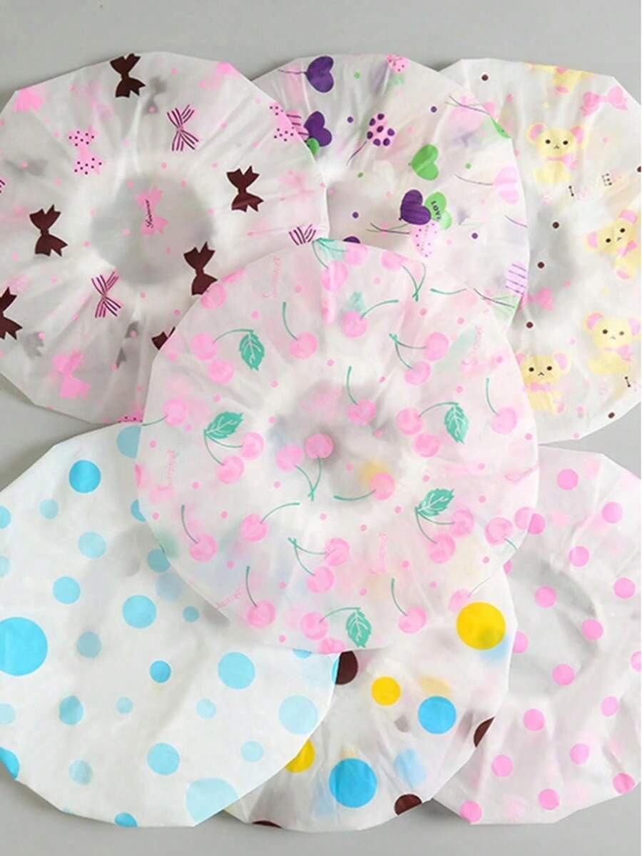 5pcs/3pcs Set Printed Waterproof Shower Cap, PVC Dustproof Waterproof Thickened Reusable Shower Cap, Suitable For Home, Travel, Hair Salon, Beauty SPA