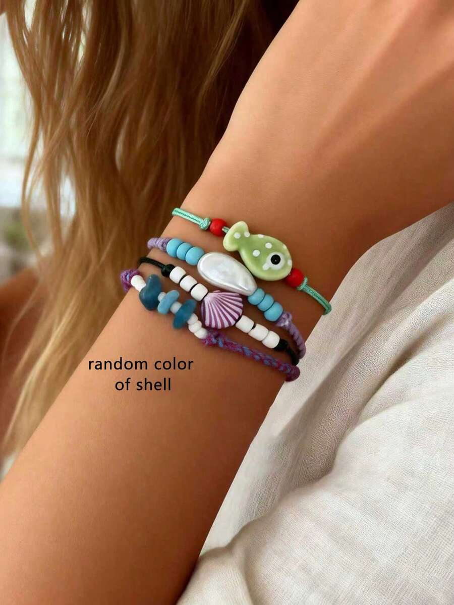 4pcs Bohemian Fish & Shell Beaded Multi-Layer Bracelet Set, Suitable For Summer, Party, Beach Jewelry (Shell Color Random, Fish Appearance Size & Color May Vary) - Multicolor - View 1