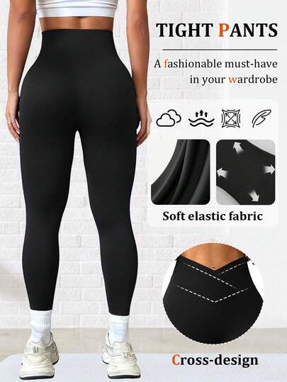 Quần legging bó sát eo chéo dành cho nữ, quần định hình bụng màu đen mềm mại, quần legging nén hỗ trợ tập yoga, chạy bộ và tập luyện, quần bó sát eo chữ V giúp kiểm soát vòng bụng, phù hợp cho mọi mùa.