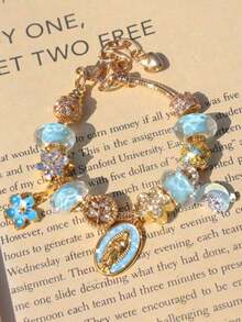 1pc Religious Virgin Mary Charm Bracelet, 1pc Religious Crescent Moon Bracelet, 1pc Fashionable Blue Sakura Bracelet, 1pc Fashionable Heart Tree Of Life Bracelet - Pink - 查看 4