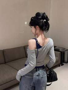 Asymmetric Contrast Color Block Long Sleeve T-Shirt, Sweet & Sexy Girl Print Fitted Tee For Women, Spring/Summer - Grey - View 5