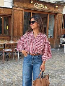 Casual Women's Red Gingham Check Blouse With Notched Neck And Voluminous Bishop Sleeves Vacation Spring - Blue - View 8