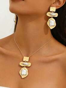 2pcs Women's Fashionable Retro Asymmetrical Geometric Pendant Necklace & Earrings Set With Faux Pearl, Suitable For Vacation And Daily Wear - Golden Yellow + White - View 6
