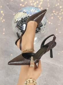 Women's Black High Heel Pumps, Pointed Toe Slip-On Party Wedding Dress Shoes, 7cm Stilettos With Ankle Strap - Brown - View 1