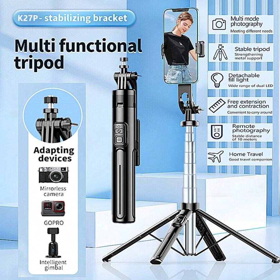 Gậy selfie 1.3m, bốn chân đế với giao diện 1/4 inch, thanh thép không gỉ, điều khiển từ xa Bluetooth, monopod dành cho điện thoại, máy ảnh, vlog. - Xem 1