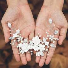 Exquisite Handmade White Soft Clay Flower Silver Alloy Leaf Bridal Wedding Handcraft Headpiece Hair Accessory - White - View 7