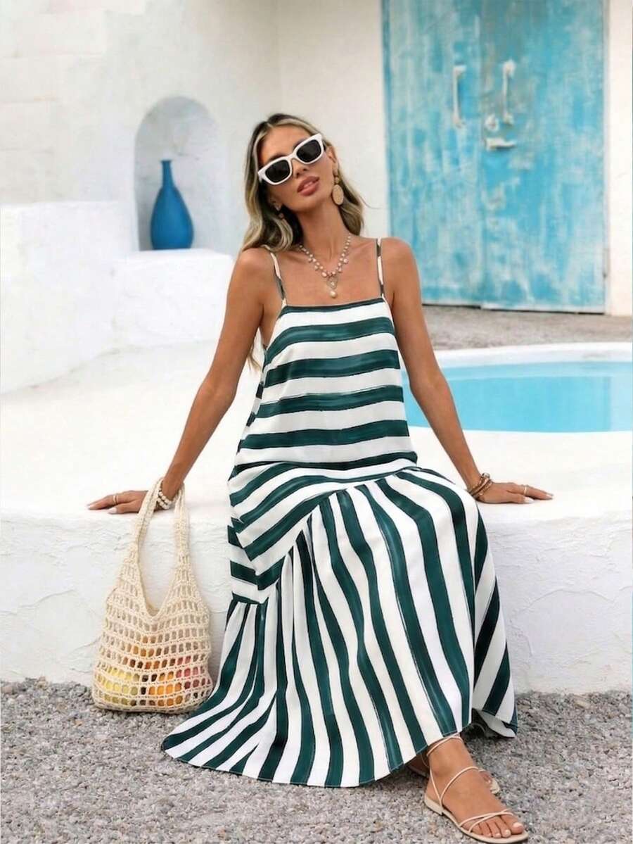 Đầm maxi hai dây kẻ sọc cỡ lớn dành cho nữ, đầm đi biển mùa hè không tay, kiểu dáng thanh lịch. - Xanh lá và trắng - Xem 1