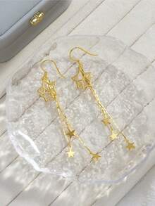 1对2件套精美925纯银三链长星形耳环，18K镀金垂坠流苏星形耳环，母亲节礼物 - 金黃色 - 查看 4