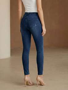 Women's Waist Cinching Crotch Closure Jeans, Washed Distressed Finish, Solid Color Fabric, With Pockets, Suitable For Everyday Wear - Dark Wash - View 2
