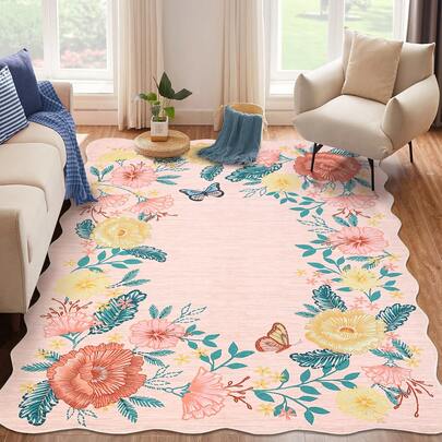 1pc Modern Style Indoor Carpet, Wavy Edge Floral Pattern Rug, Room Decor Carpet, Home Decor Carpet, Sofa Seat Carpet, Bedroom Decor, Small Rug, Modern Creative Fashion Carpet, Living Room Carpet, Small Living Room Rug, Bedroom Carpet, Outdoor Carpet, Washable Carpet, Gift For Boys And Girls, Thanksgiving Carpet, Soft And Machine Washable, Suitable For Living Room, Office, Cafe And Balcony Decor