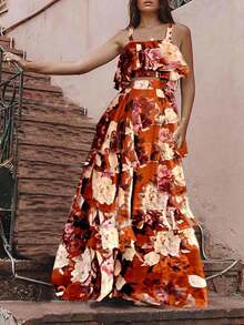 Spring/Summer New Floral Print 2-Piece Set, Ruffled Camisole Top And Maxi Skirt, Bohemian Beach Vacation Casual Outfit For Women - Coral Orange - View 5