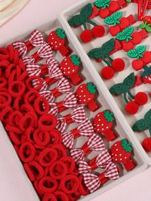 120 Pcs Women's Y2K Hair Accessories Set, Red Hair Ties Plaid Bows Strawberry Cherry Snap Clips, Cute Headdress For Travel, Daiy,Sweet Hair Ornaments. - Multicolor - View 6
