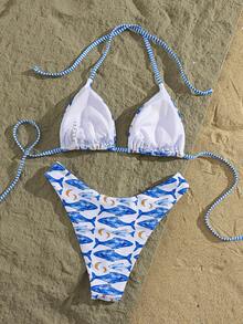 Bộ bikini hai mảnh kiểu dáng nghỉ mát dành cho nữ, in họa tiết, kiểu dây buộc cổ và tam giác, thích hợp cho kỳ nghỉ trên đảo và chụp ảnh trên bãi biển mùa hè. - Nhiều màu - Xem 3
