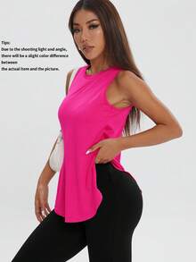 1pc Women's Casual Loose Sleeveless Side Slit Solid Color Pullover Sports Top For Outdoor Exercise, Spring/Summer - Hot Pink - View 5