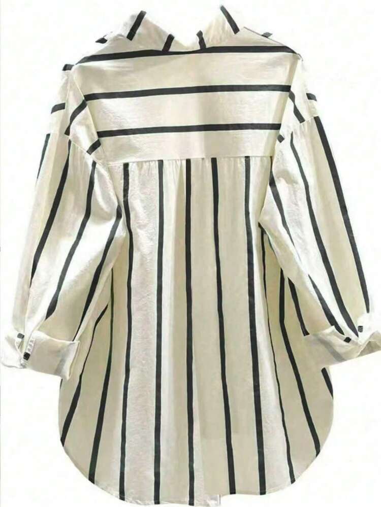 Striped Fashionable Drop Shoulder Loose Patchwork Pocket Shirt Spring Black - Black - View 2