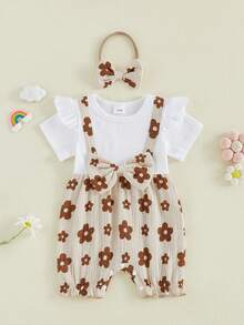 Baby Girl Summer Outfit Summer Clothes Faux Two-Piece Design Flower Print Ruffled Trim Short Sleeve Romper And Bow Headband 2 Pcs Set Waffle Stripe - 杏色 - 查看 6