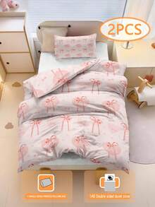 2pcs Pink Bow Heart Cartoon Bedding Set, Double-Sided Printed Bedding Set (Excluding Filler), Suitable For Nursery/Kindergarten, Digital Printing Cute Pattern Duvet Cover And Pillowcase, Suitable For Boys, Girls, Children, Students Dormitory, 100% Polyester - Multicolor - View 1