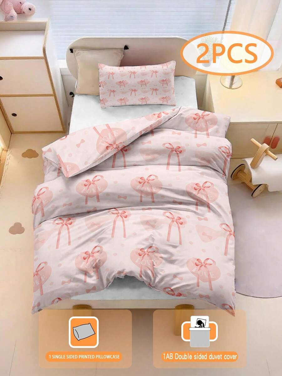 2pcs Pink Bow Heart Cartoon Bedding Set, Double-Sided Printed Bedding Set (Excluding Filler), Suitable For Nursery/Kindergarten, Digital Printing Cute Pattern Duvet Cover And Pillowcase, Suitable For Boys, Girls, Children, Students Dormitory, 100% Polyester - Multicolor - View 1