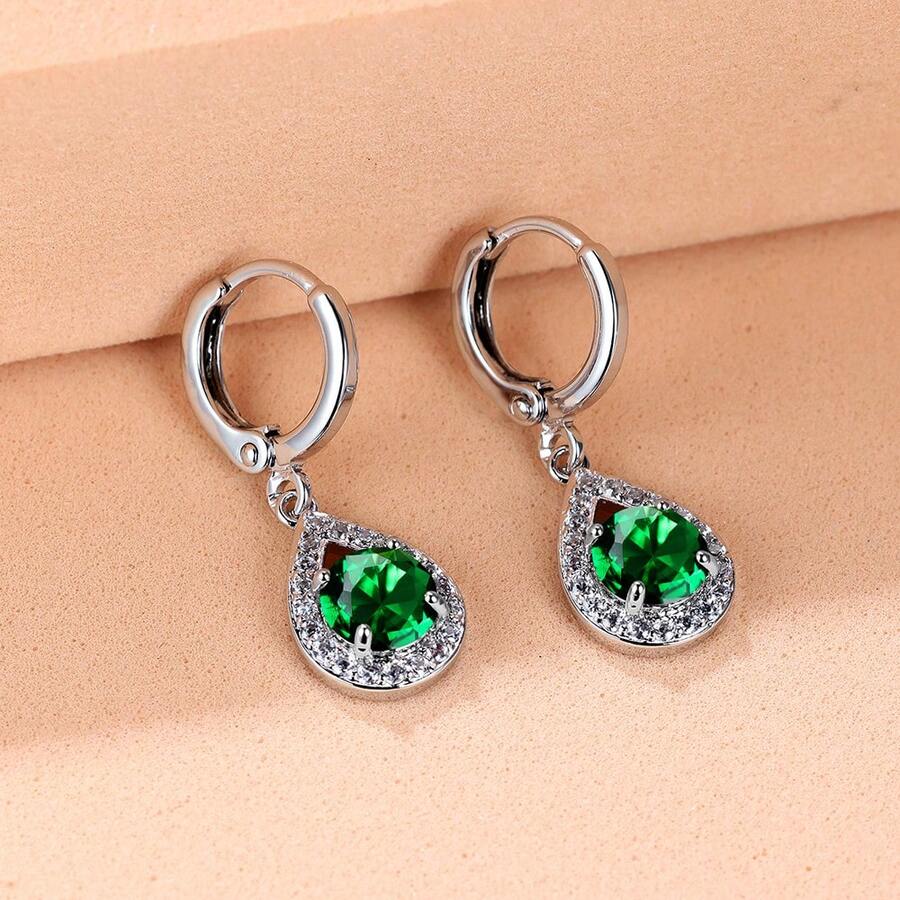 Vanel 1 pieza Hermosos pendientes de clip minimalistas plateados con circonita cúbica, pendientes de lágrima delicados y brillantes con cierre de palanca, joyería de moda para mujer, para uso diario y fiestas - Plata-Verde-Blanco - Ver 1