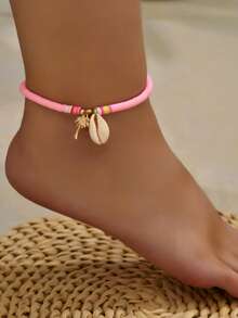 1pc Bohemian Ocean Style Fashion Sexy Elegant Delicate Polymer Clay Coconut Tree & Shell Pendant Anklet, Suitable For Beach Holiday Wear - Pink - View 2