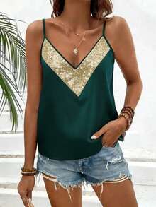 Áo hai dây nữ gợi cảm, đính sequin, phối họa tiết, thời trang đi biển, nghỉ mát, thường ngày, mùa hè. - màu xanh lá - Xem 3