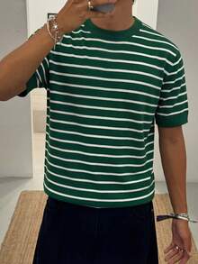 Men's Retro Striped Knit Crew Neck Short Sleeve T-Shirt, Ribbed Casual Top - Green - View 3