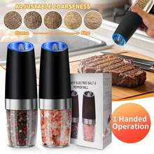 2pcs Gravity Electric Pepper And Salt Grinder Set, Adjustable Thickness, Battery Powered, With LED Light, One Handed Automatic Operation - Black - View 1