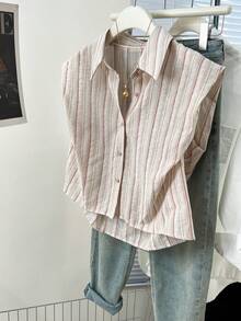 YUXIN Áo kiểu nữ không tay dáng rộng kẻ sọc mùa xuân hè, cổ ve áo, có đệm vai, kiểu dáng suông, áo casual thoáng khí dễ phối đồ hàng ngày cho nữ. - Thanh đỏ - Xem 5