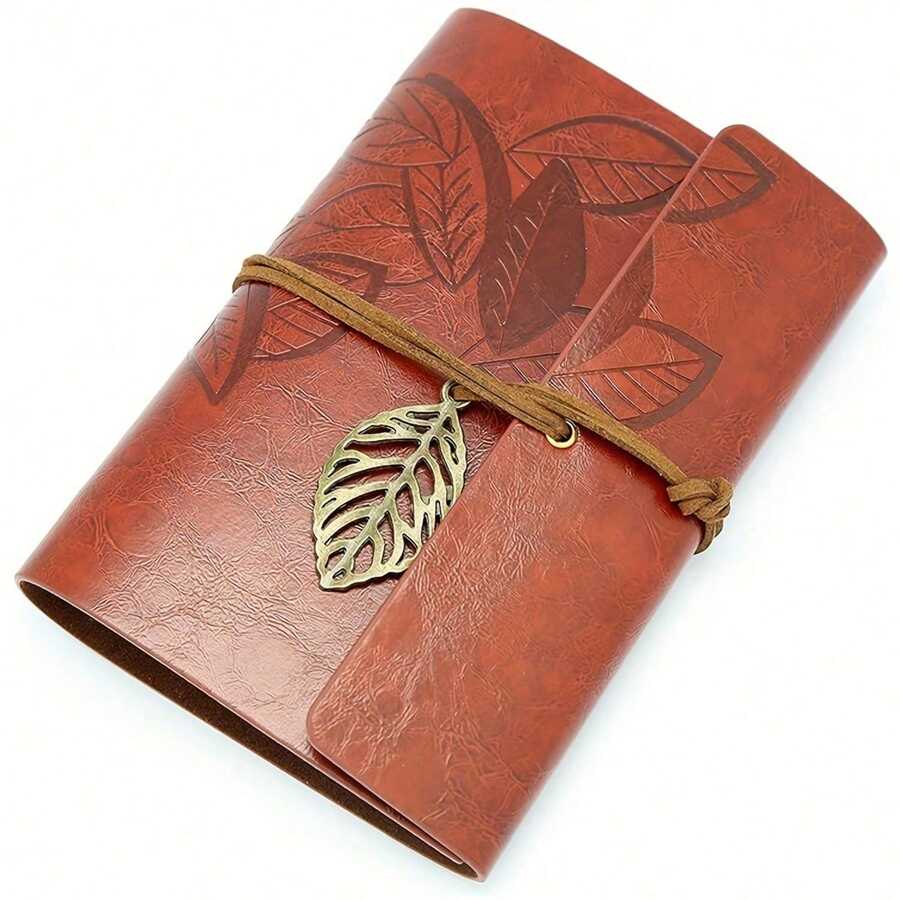Retro Leaf Notebook Stationery, Leather Cover Blank Notepad, Travel Journal - A6 - View 1