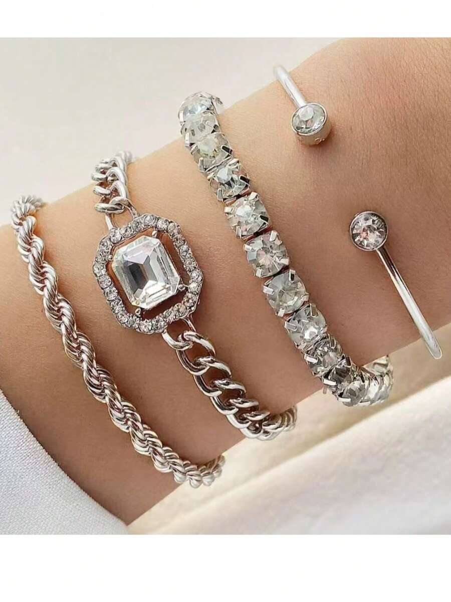 4pcs/Set Pulsera y Brazalete Retorcido con Pedrería Personalizado Estilo Punk para Mujer - Dorado - Ver 1