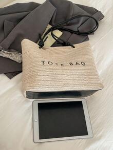 Nouveau sac de plage tressé en paille, sac fourre-tout tressé à large capacité avec une seule épaule pour femmes - Beige - Voir 5