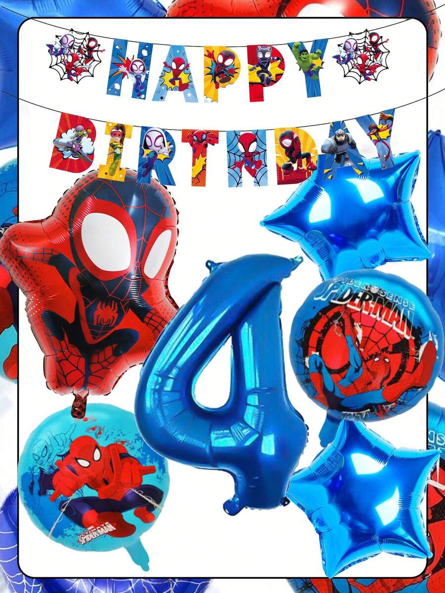 7pcs Marvel Spider-Man Themed Foil Balloons, Comes With 32-Inch Jumbo Balloon, Super Hero Party Decor, Birthday Celebration, Children's Items, Super Hero Party Balloons, Mall Opening Decoration - View 1