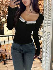 Sunshine Girl Yellow Lace Camisole Top, Y2K College Style, Fitted Square Neck Long Sleeve, Women Summer Back To School Casual Spring - 黑色 - 查看 9