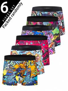 6 pièces Boxers imprimés pour hommes, motif graffiti aléatoire, sous-vêtements graphiques, convient pour Noël - Multicolore - Voir 10
