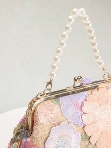 Multicolor Floral Pattern Mesh Embroidered Shell Straw Clutch Bag, Pearl Handbag, Sweet Romantic Beach Holiday Style Women's Handbag, Suitable For Wedding, Party, And Vacation Occasions (Random Mesh Embroidery Floral Pattern Distribution, Please Do Not Purchase If You Mind) - Multicolor - View 6