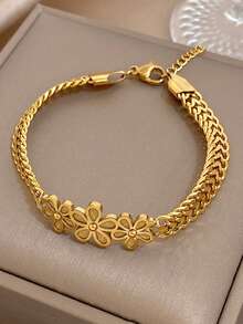 1Pc 18K Gold Plated Vintage Flower Twisted Layer Chain Bracelet, For Women Ladies, Summer Beach Stainless Steel Jewelry, Vacation Season, Gifts For Mom, For Daily Party Dates Gala Wedding Valentine Anniversary Music Festival Christmas, Dates, Easter Day - Multicolor - View 5