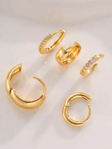 5pcs/Set Women's Gold Hoop Earrings Set, Copper With Zirconia Stone, Hypoallergenic, Petite Sleek Design, Lightweight & Thick, Fashion Versatile, Suitable For Multiple Piercings, Great For Beach, Date, Party, Holiday, Birthday Gift, Daily Wear - Yellow Gold - View 5