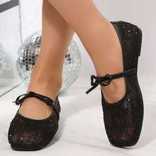 Lace Mesh Mary Jane Flats For Women Square Toe Breathable Bowknot Ballet Casual Summer Party Shoes Sandals - 黑色 - 查看 7