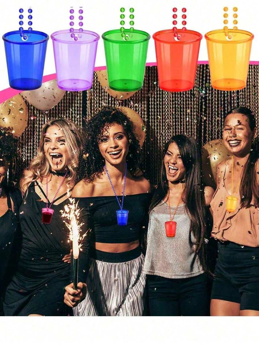 1-6pcs Plastic Bead Chain Necklace, Can Be Used As Mini Shot Glasses, Suitable For Birthday, Wedding, Christmas Party And Other Occasions, Practical High-Strength Colorful Transparent Mini Shot Glass Necklace, Suitable For Bachelor/Bachelorette Party, Bride & Groom Party, Birthday, Wedding, Holiday Parade And Other Occasions - Multicolor - View 1