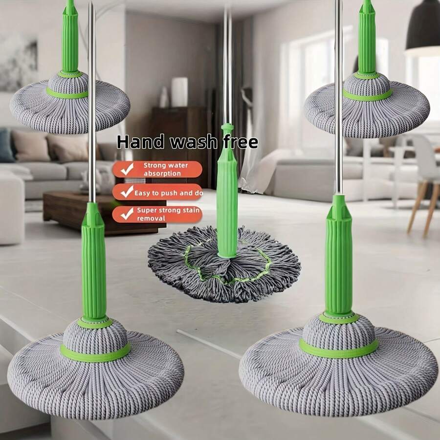 Fregona inalámbrica autogirante sin tornillos, con mango de plástico/metal duradero - No se requiere electricidad, cabezal de fregona lavable y reutilizable, adecuado para limpiar pisos en dormitorios, baños, cocinas, salas de estar y superficies multifuncionales | Herramientas de limpieza modernas | Muy eficaz para eliminar manchas.
