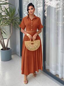 AIJ Conjunto de 2 piezas de mujer Amarilo en color amarillo lima - Camisa corta de manga corta y falda plisada de cintura alta tipo maxi, atuendo sexy para vacaciones en la playa, elegante para el verano - Óxido marrón - Ver 6
