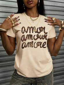 Women's Leopard Print Letter Graphic Loose Casual Street Style Short Sleeve Round Neck T-Shirt - Apricot - View 3