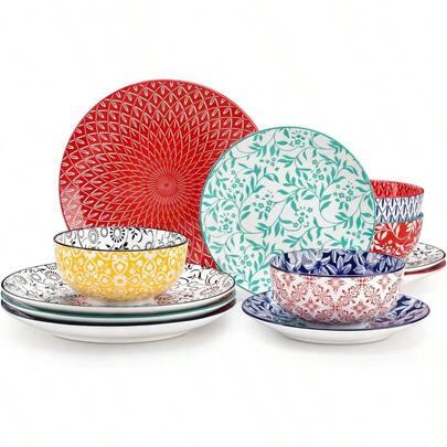 SELENE Plates And Bowls Set 4, 12 Pieces Dinnerware Sets, Mircowave And Dishwasher  Dishes Set, Porcelain Muted Dinnerware