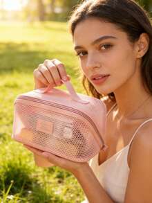 High-Quality Large Capacity Mesh Nylon Solid Color Handheld Toiletry Bag, Unisex Travel Organizer Pouch For Towels, Toothbrush, Cosmetics, Suitable For All Seasons - Multicolor - View 6
