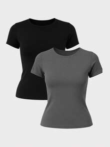 Set Of 2 Women's Basic Summer Blouses With Lining - 灰色和黑色 - 查看 1
