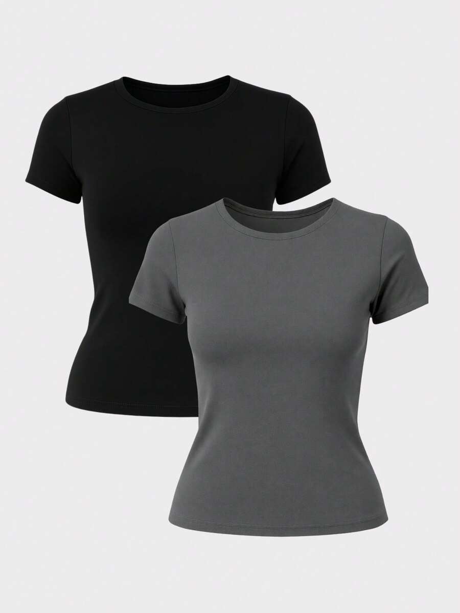 Set Of 2 Women's Basic Summer Blouses With Lining - 灰色和黑色 - 查看 1