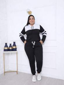 Women's Two-Tone Crepe Knit Set With Hood And Front Pocket – Comfortable And Stylish Look. - Black - View 2