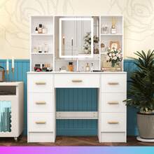 100cm Dressing Table With LED Mirror, 7 Drawers, Open Multi-Level Shelves, With Touch-Screen Lights, Lighting Modes & Dimmable, Large Makeup Vanity Set With LED Lighted Mirror Dressing Table Dresser Desk For Girls Bedroom - White - View 1