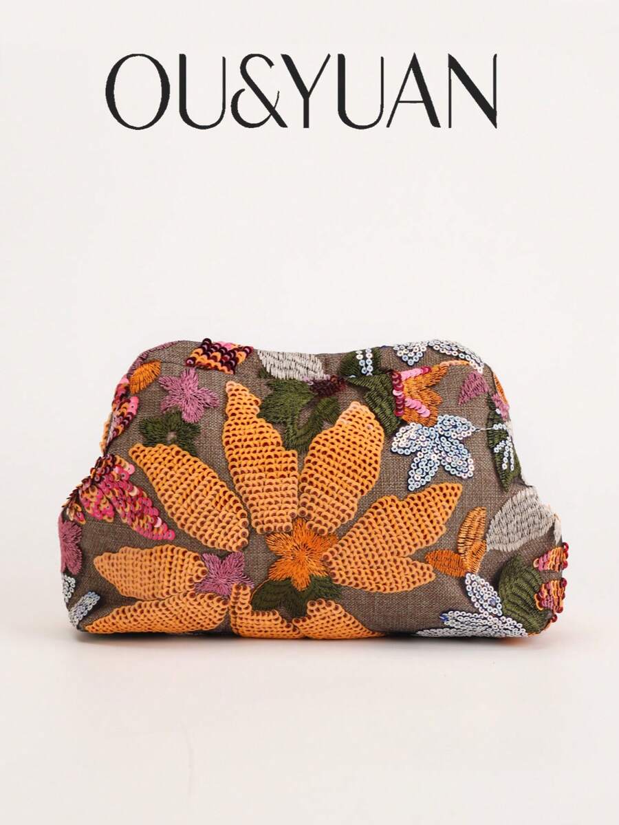Tas Clutch Wanita Gaya Bohemian dengan Bordir Bunga dan Payet, Tas Malam Mewah Bermotif Acak Bergaya Vintage, Cocok untuk Liburan Musim Panas, Pernikahan, dan Pesta - Jeruk - View 1